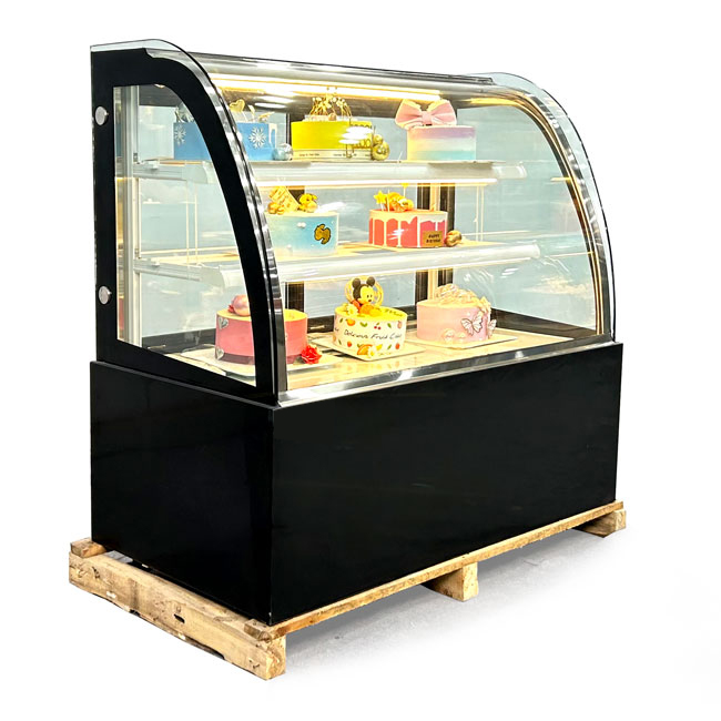 Tủ bánh kem 1m2 kính cong viền vàng màu đen QHTBKC-1.2VD