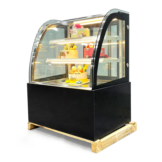 Tủ bánh kem 90cm kính cong viền vàng màu đen QHTBKC-0.9VD