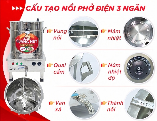 Cấu tạo nồi nấu phở điện 3 ngăn