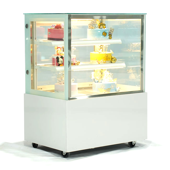 Tủ bánh kem 0.9m kính vuông màu trắng QHTBKV-0.9T